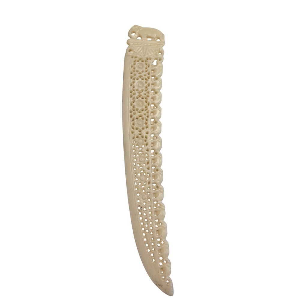 Carved Elephant Letter Opener lace detail Ivory Color Celluloid Plastic‎
